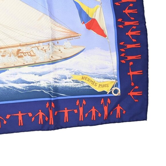 HERMES Logo XL "En Course" Carre 90 Scarf 100% Blue France 63RP008 - Picture 5 of 13
